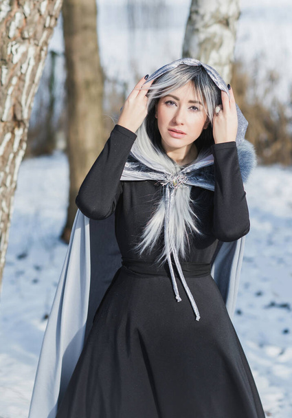 Märchenszene in der Arktis, Frau im kalten Fantasielook, silbernes Haar, Mantel und Kleid an einem verschneiten Tag. Cosplay-Konzept - Foto, Bild