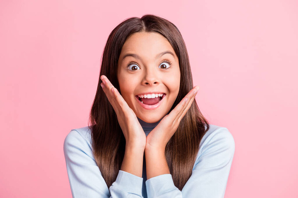 Photo of charming toothy girl amazing reaction wear blue turtleneck isolated on pink color background - Φωτογραφία, εικόνα