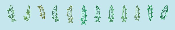様々なモデルのマスキー魚漫画のアイコンデザインテンプレートのセット。青の背景に隔離された現代のベクターイラスト - ベクター画像