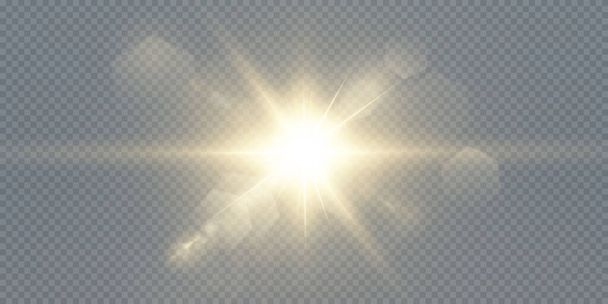 Aurinko paistaa kirkkaita valonsäteitä realistisella häikäisyllä. Vaalea tähti läpinäkyvällä mustalla taustalla. - Vektori, kuva