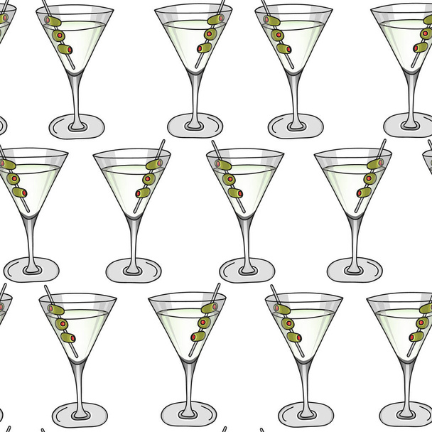 Απρόσκοπτη μοτίβο ποτήρι Dry Martini κοκτέιλ και ελιές σε λευκό φόντο. Χειροποίητο κοκτέιλ αλκοόλ. Εικονογράφηση διάνυσμα σε στυλ κινουμένων σχεδίων. - Διάνυσμα, εικόνα