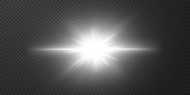 太陽は現実的なグレアで明るい光線を輝いています。透明な黒の背景のライトスター. - ベクター画像