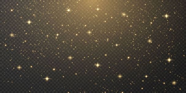 Vánoční zlato konfety hvězdy padají, Zářící hvězdy létají po noční obloze uprostřed odlesku světelné body vesmíru.Dovolená vektorové pozadí. magický lesk. - Vektor, obrázek