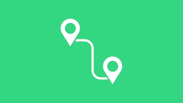 Fehér Útvonal helyét ikon elszigetelt zöld háttér. Térképes mutató jel. Az ösvény vagy az út fogalma. GPS navigátor. 4K Videó mozgás grafikus animáció - Felvétel, videó