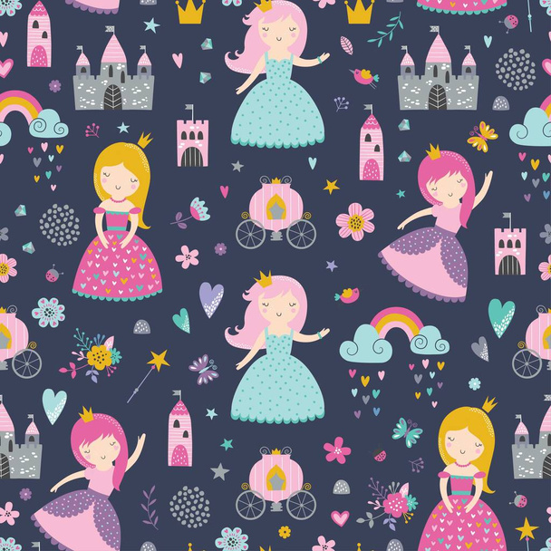 プリンセス、城、北欧スタイルの馬車と子供のシームレスなパターン。布、包装、織物、壁紙、アパレルのための創造的なベクトル幼稚な背景 - ベクター画像