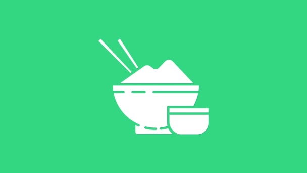 Белый рис в миске с палочкой для еды и иконкой соуса на зеленом фоне. Традиционная азиатская кухня. Видеографическая анимация 4K - Кадры, видео