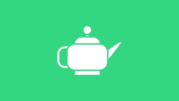 White Traditional Japanese tea ceremony icon isolated on green background. Teapot with cup. 4K Video motion graphic animation - Footage, Video