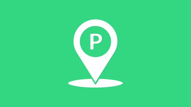 Fehér Helyszín parkolás ikon elszigetelt zöld háttér. Utcai tábla. 4K Videó mozgás grafikus animáció - Felvétel, videó