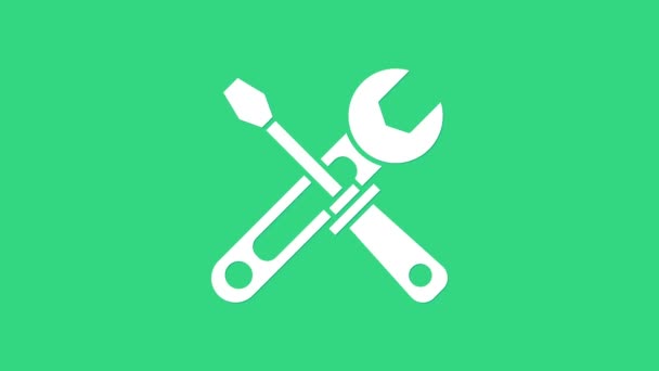 Biały śrubokręt i klucz narzędzia ikona izolowane na zielonym tle. Symbol narzędzia serwisowego. 4K Animacja graficzna ruchu wideo - Materiał filmowy, wideo