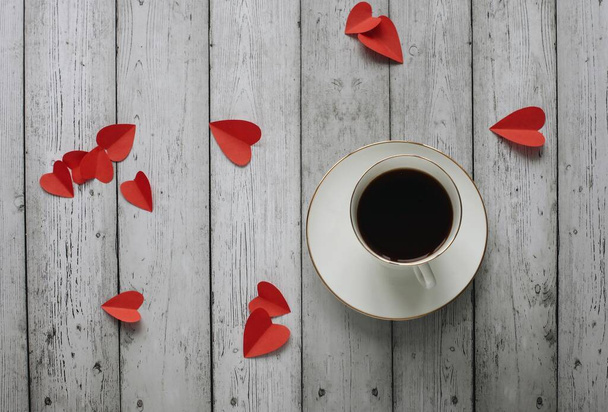 Valentine's day romantic flat lay photography with cup of coffee on a wooden background.  - Φωτογραφία, εικόνα