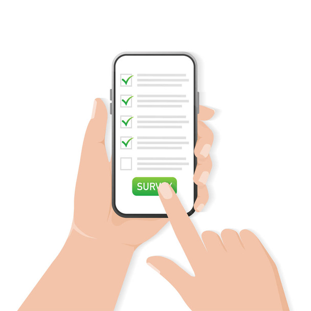 Checklist on smartphone screen. Online survey concept. Hand holds mobile phone and check list with checkboxes and checkmark. Icon for mobile app design. Vector illustration. - Vector, Image