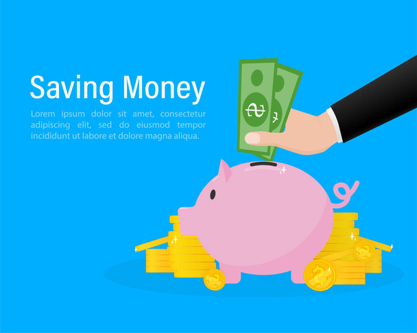 Saving money concept. Piggy bank and hand with dollars. Cartoon image with saving money. Line vector. - Vector, Image