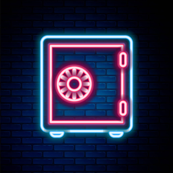 Glowing neon line Safe icon isolated on brick wall background. The door safe a bank vault with a combination lock. Reliable Data Protection. Colorful outline concept. Vector - Vector, Image
