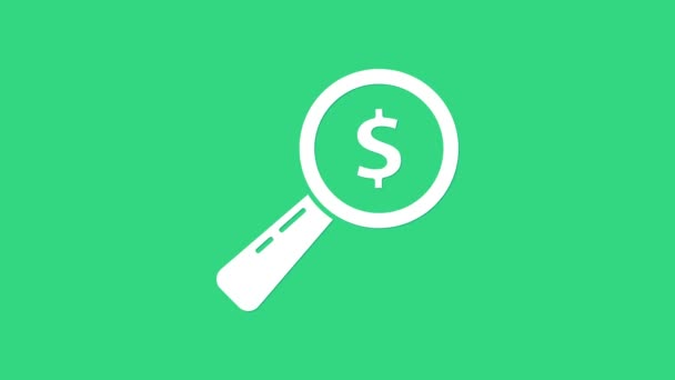 Weiße Lupe und Dollarsymbol isoliert auf grünem Hintergrund. Finden Sie Geld. Auf der Suche nach Geld. 4K Video Motion Grafik Animation - Filmmaterial, Video