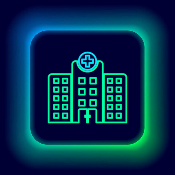 Glowing neon line Medical hospital building with cross icon isolated on black background. Medical center. Health care. Colorful outline concept. Vector - Vector, Image