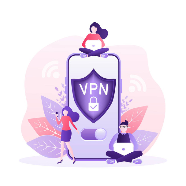 Biztonságos VPN kapcsolat koncepció. Virtuális privát hálózati kapcsolat áttekintése. Biztonsági internet technológia, adatbiztonság. 3D ikon vpn koncepció tervezés. - Vektor, kép