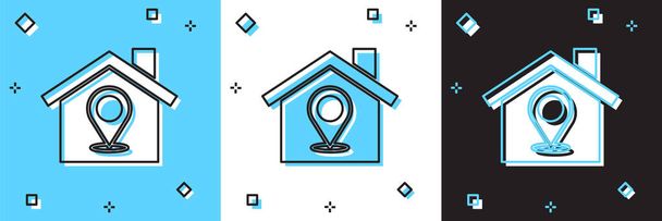 Set Kartenzeiger mit Haus-Symbol isoliert auf blauem und weißem, schwarzem Hintergrund. Markierungssymbol für den Wohnort. Vektor - Vektor, Bild
