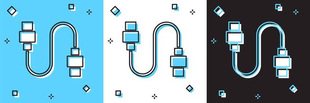 Conjunto de cable USB icono de cable aislado en azul y blanco, fondo negro. Conectores y enchufes para PC y dispositivos móviles. Vector - Vector, Imagen