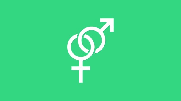 Белый значок Гендера выделен на зеленом фоне. Символы мужчин и женщин. Секс-символ. Видеографическая анимация 4K - Кадры, видео