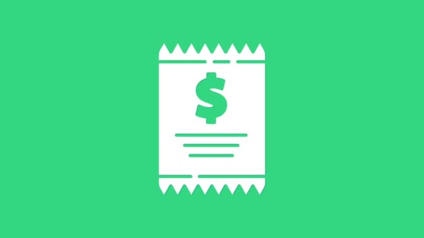 Controle van het witboek en financiële controle pictogram geïsoleerd op groene achtergrond. Cheque van de papieren afdruk, winkelbon of factuur. 4K Video motion grafische animatie - Video
