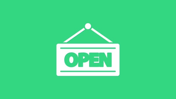 White Hanging sign with text Open door icon isolated on green background. 4K Video motion graphic animation - Footage, Video