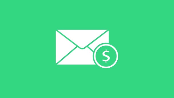 Белый конверт с символом доллара монеты изолирован на зеленом фоне. Увеличение заработной платы, денежный фонд, компенсационный доход. Видеографическая анимация 4K - Кадры, видео