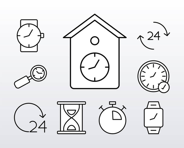 bundle of nine time clocks line style icons - Vector, Image