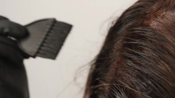 Vrouw kleurt grijze haarwortels met behulp van een borstel. Haarverf tips thuis - Video