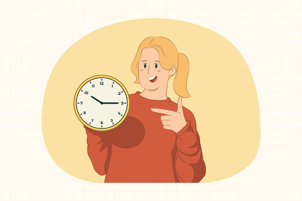 Jeune femme pointant index sur horloge concept pour bannière, affiche, site Web, etc. - Vecteur, image
