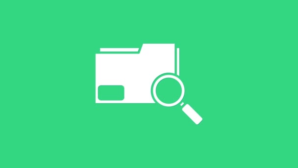 White Search concept met map pictogram geïsoleerd op groene achtergrond. Vergrootglas en document. Data- en informatiebord. 4K Video motion grafische animatie - Video