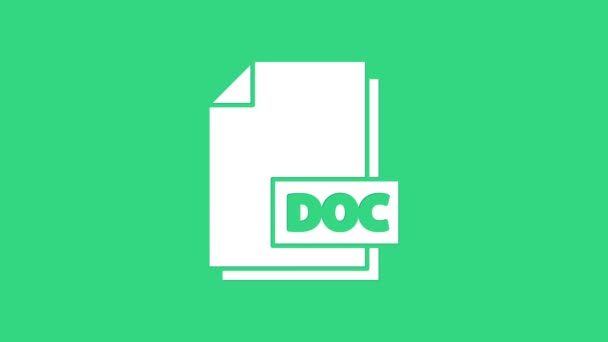 Белый документ DOC. Иконка кнопки "doc" выделена на зеленом фоне. Символ расширения файла DOC. Видеографическая анимация 4K - Кадры, видео