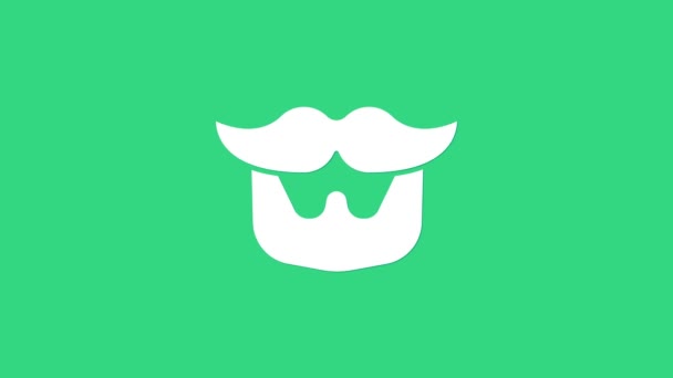 Icono de bigote blanco y barba aislado sobre fondo verde. Símbolo de barbería. Estilo de pelo facial. Animación gráfica de vídeo 4K - Metraje, vídeo
