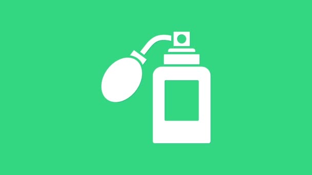 Witte Aftershave fles met verstuiver pictogram geïsoleerd op groene achtergrond. Keulen spray icoon. Mannelijke parfumfles. 4K Video motion grafische animatie - Video