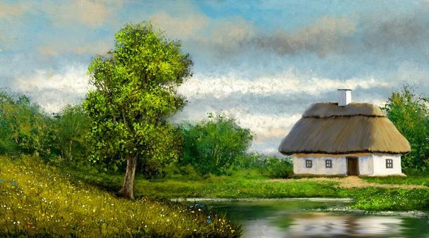 Oil paintings rural landscape, old house on the lake - Photo, Image