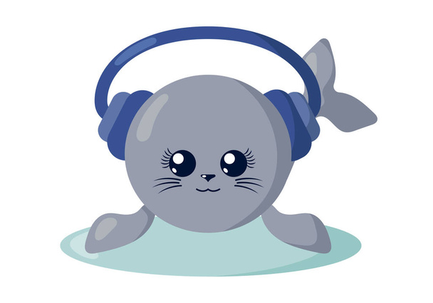 Funny cute kawaii fur seal with headphones and round body in flat design with shadows. Isolated animal vector illustration - Vector, Image