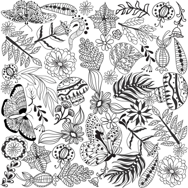 Hand drawn doodle flower and foliage collection. Monochrome set sketch botanical elements.  - Вектор,изображение