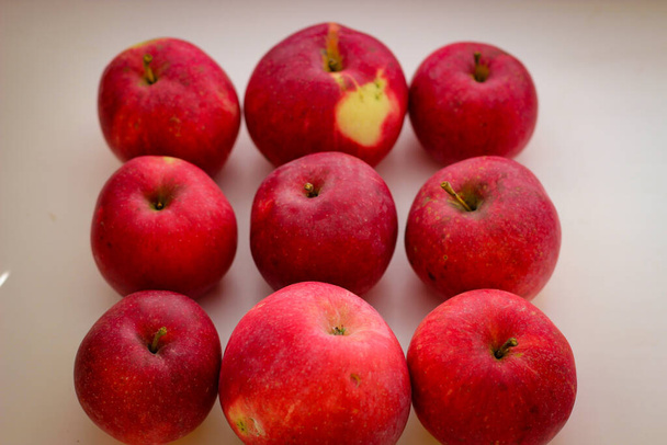 Useat kypsät punaiset omenat seisovat valkoisella taustalla, jota auringon säteet valaisevat. - Valokuva, kuva