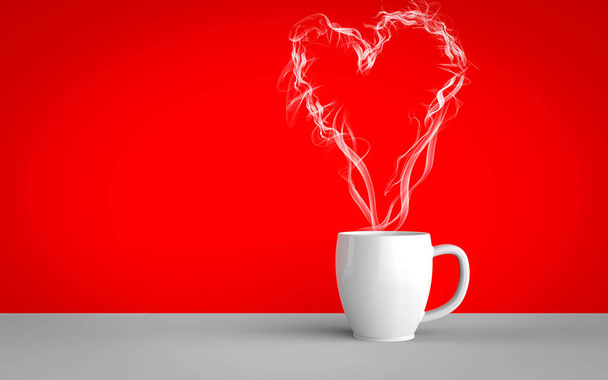 Sydän höyryä tulee ulos kahvia tai kuumaa juomaa kuppi. Rakkaus ja ruoka käsite. 3d renderointi - Valokuva, kuva