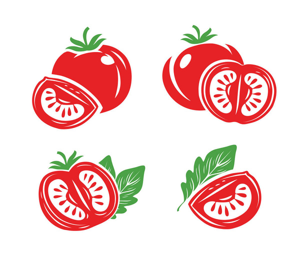 Fresh red tomatoes set symbols. Half, slice of tomato vector - Вектор, зображення