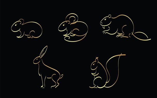 Goldene Umrisse Eichhörnchen, Maus, Hamster, Hase, Kaninchen, Meerschweinchen, Biber - Vektor, Bild
