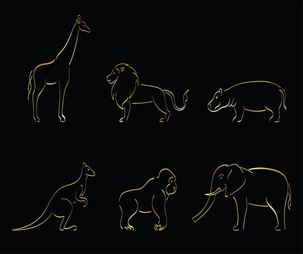 Conjunto de contornos dorados de canguro, jirafa, mono, elefante, león, hipopótamo - Vector, imagen