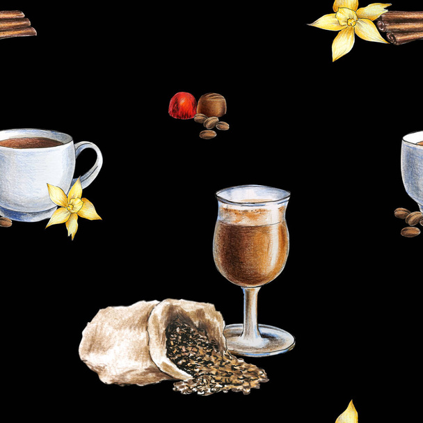 šálek kávy, skořice, vanilkové květiny a sladkosti bezešvé vzor, kreslení akvarel tužky - Fotografie, Obrázek