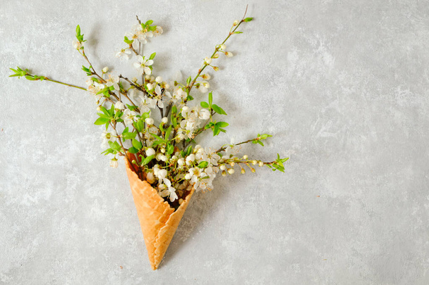 Branches of blooming cherry in a waffle cone on a gray background. View from above, copy space. Concept spring  - Fotoğraf, Görsel