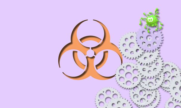 Illustration 3D. COVID 19 dessin du virus et symbole de risque biologique. Soins de santé. Éclosion pandémique de coronavirus. Urgence de santé publique d'intérêt international. Risque biologique. Roues de vitesse. - Photo, image