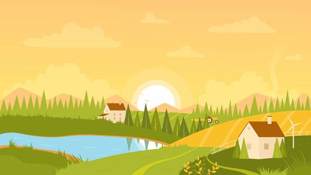 Vidéki táj napkeltével, pásztortáj parasztházakkal a zöld füves dombokon - Vektor, kép