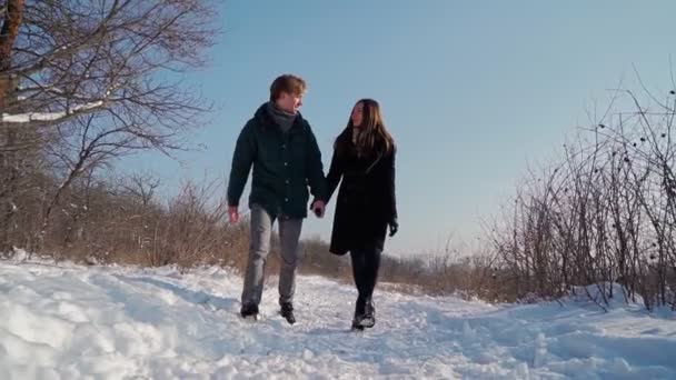 Boldog pár sétál a téli erdőben játszik és havazik. Valentin-nap - Felvétel, videó