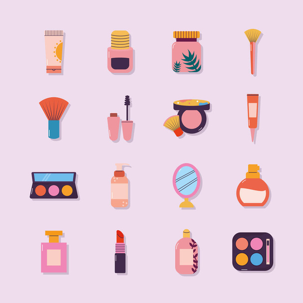 Set von Make-up-Symbolen auf hellviolettem Hintergrund - Vektor, Bild