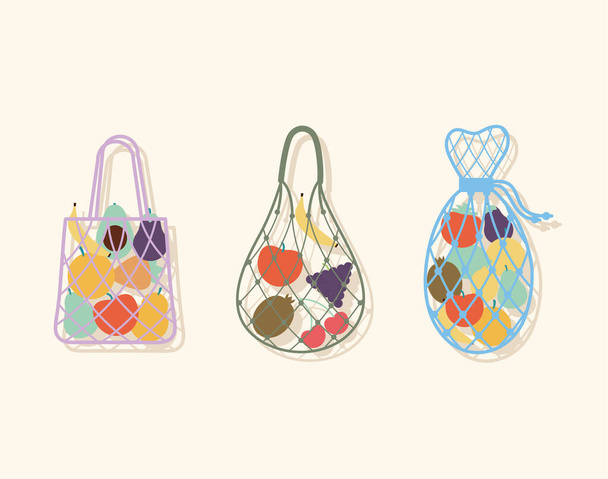 conjunto de tres bolsas ecológicas con una fruta en su interior - Vector, Imagen