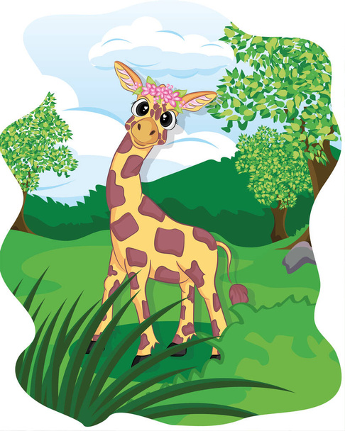 Urocza egzotyczna żyrafa w tropikalnym lesie lub lesie deszczowym pełnym drzew. - Wektor, obraz