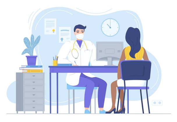 Doctor in mask consulting female patient. Physycian sitting at the desk with monitor. Family therapist, health care, clinic workspace concept. Stock vector illustration in flat style isolated on white - Vector, Image